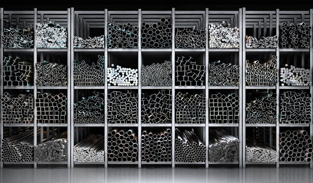 Shelves of different metal products. Profiles and tubes. 3d illustration