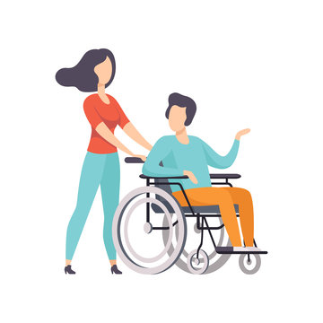 Girl pushing wheelchair with disabled man, girl supporting her friend, handicapped person enjoying full life vector Illustration on a white background