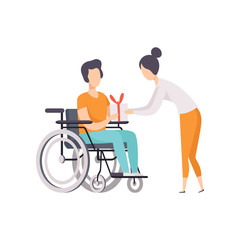 Young woman giving a present to man in wheelchair, disabled person enjoying full life vector Illustration on a white background