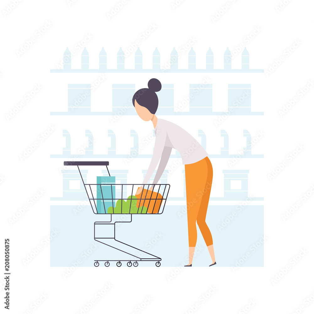 Canvas Prints Young woman putting products in shopping cart, girl shopping at supermarket vector Illustration on a white background