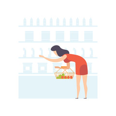Young woman with basket choosing products on shelves at grocery store, girl shopping at supermarket vector Illustration on a white background