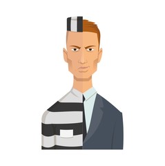 Two-faced corrupt official, businessman. Criminal face of corruption. Flat vector illustration. Flat style. Isolated on white background.