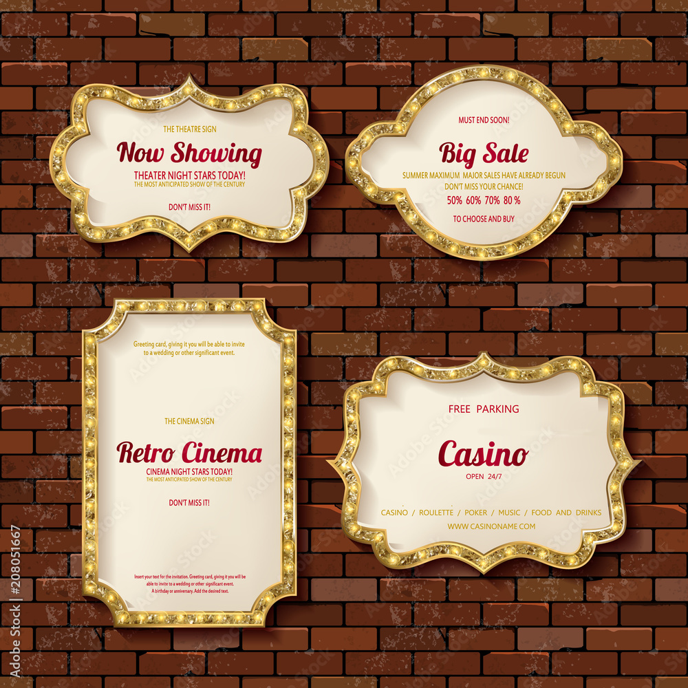 Wall mural illuminated retro frames set with shining lights