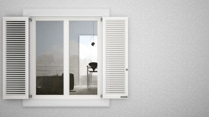 Exterior plaster wall with white window with shutters, showing interior living room, blank background with copy space, architecture design concept