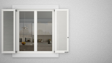Fototapeta na wymiar Exterior plaster wall with white window with shutters, showing interior modern kitchen with island, blank background with copy space, architecture design concept