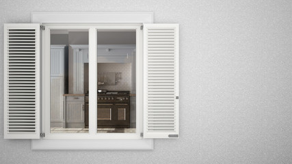 Exterior plaster wall with white window with shutters, showing interior classic kitchen, blank background with copy space, architecture design concept