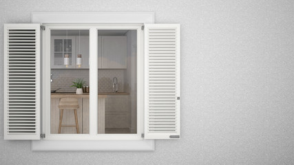 Exterior plaster wall with white window with shutters, showing interior scandinavian kitchen with island, blank background with copy space, architecture design concept