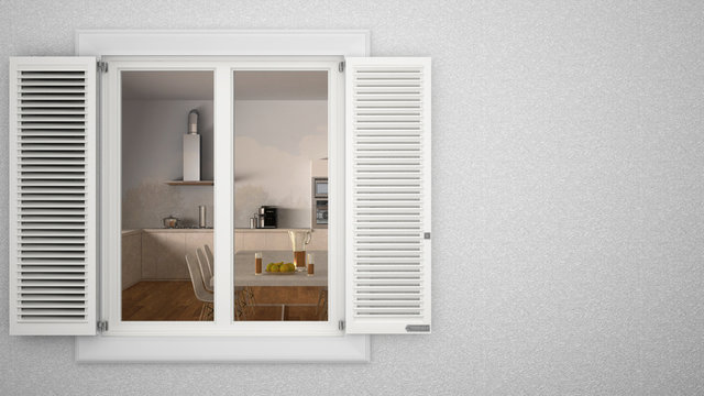 Exterior plaster wall with white window with shutters, showing interior modern kitchen with table, blank background with copy space, architecture design concept