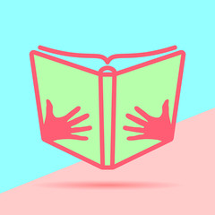 flat modern red Open book with hands icon with shadow on blue and pink pastel colored background