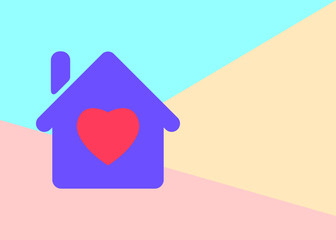 flat modern pastel colored house with heart icon with shadow on blue and pink background