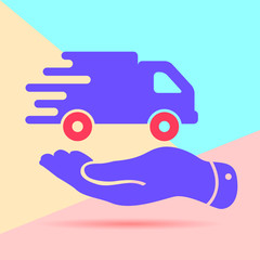 Flat Line modern pastel colored art design graphic image concept of flat hand presenting delivery truck icon on pink and blue background