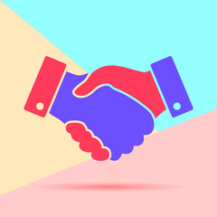 handshake flat line design icon onyellow, blue and pink background