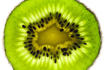 Kiwi slice close up macro photo detailing green patterns  and texture against a seamless bright white background.