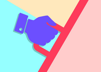 Flat modern art design graphic image of hand with handle on pink and blue background. Concept of pull door icon