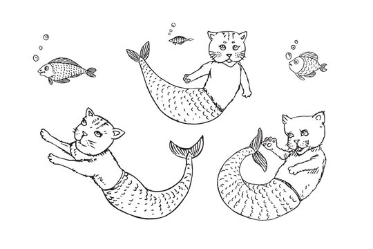 Mermaid cats collection and funny fishes, hand drawn outline doodle sketch, black and white vector illustration