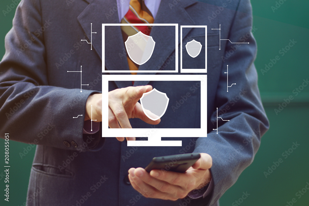 Poster businessman pressing button shield virus security on computer, phone virtual electronic user interfa