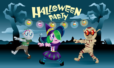 A group of monsters playing together in Halloween night.