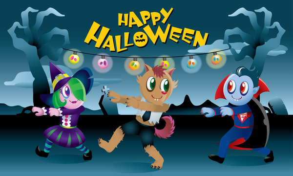 A group of monsters playing together in Halloween night.
