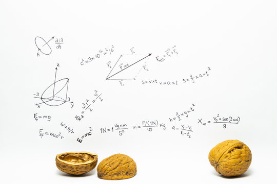 Concept of the phrase physics in a nutshell. Physics formulas drawn on white paper with walnuts