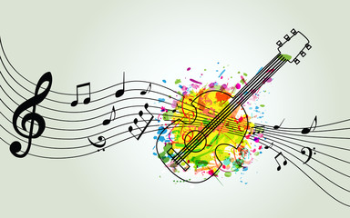 Music colorful background with music notes and guitar vector illustration design. Music festival poster, creative guitar design with music staff