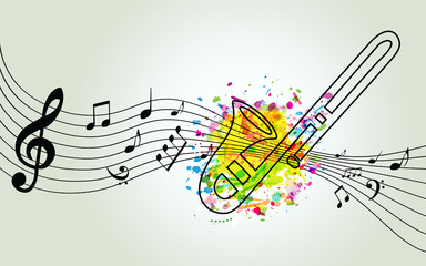 Plakat Music colorful background with music notes and trumpet vector illustration design. Music festival poster, creative trumpet design with music staff