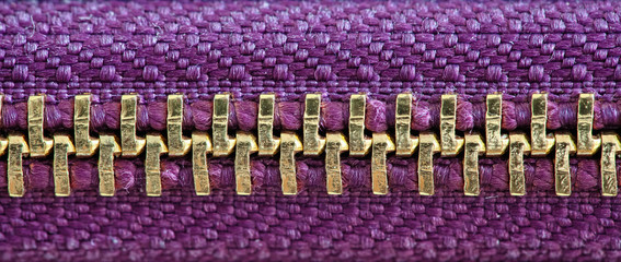 Purple and gold zipper tightly closed binding together two layers of fabric textile under high...