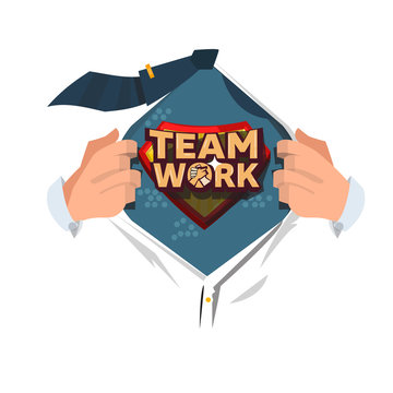 Man open his shirt to show "Team Work" typographic in cartoon style. power of teamwork concept - vector