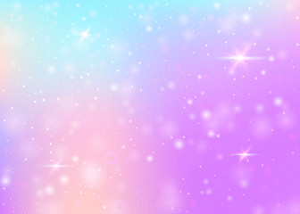 Magic background with rainbow mesh. Mystical universe banner in princess colors. Fantasy gradient backdrop with hologram. Holographic magic background with fairy sparkles, stars and blurs.