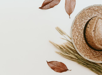 Ripe ears, farm hat and autumn leaves on pastel minimal background. Flat lay, top view, copy space