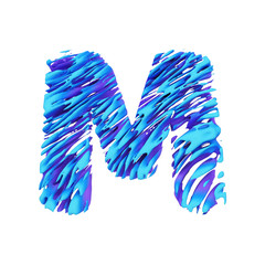 Alphabet letter M uppercase. Grungy font made of brushstrokes. 3D render isolated on white background.