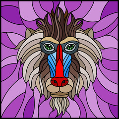 Obraz premium The illustration in stained glass style painting with a monkey's head on purple background , rectangle image