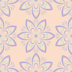 Floral seamless pattern. Beige background with violet and blue flower elements