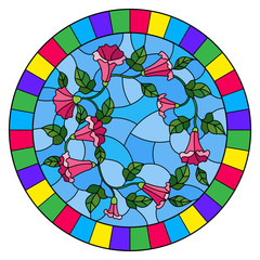 Illustration in stained glass style flowers loach, pink flowers and leaves on blue background,round picture in bright frame