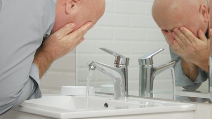 Man in Modern Bathroom Washing Face with Fresh Water in Sink