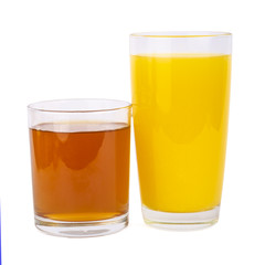 Two glasses of fresh orange and apple juice isolate