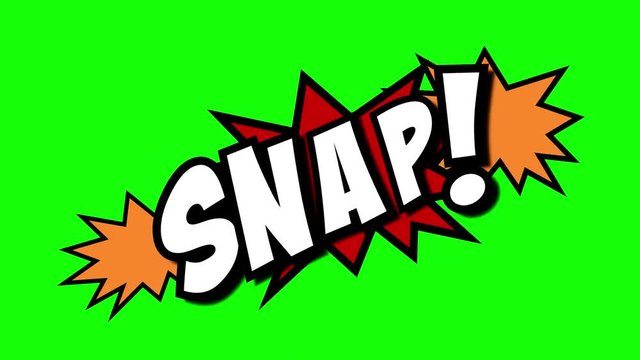 A comic strip speech cartoon animation with an explosion shape. Words: rush, snap, whip. White text, red and yellow spikes, green background.
