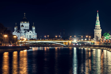Night view on Cathedral of Christ the Savior on Moscow-river in summer