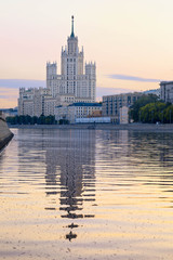 View of a skyscraper on Kotelnicheskaya Embankment. Dawn over Moscow