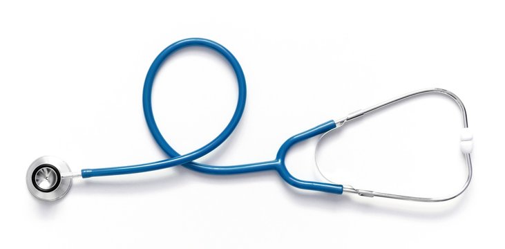 Blue stethoscope isolated on white background. Flat lay, top view, copy space 