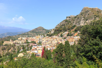 Panoramic view of historic old town Taormina in Sicily, Italy.