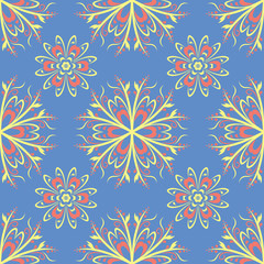Fototapeta na wymiar Floral seamless pattern. Red and yellow flower elements on blue background
