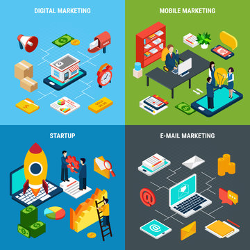 Digital Marketing 2x2 Isometric Concept