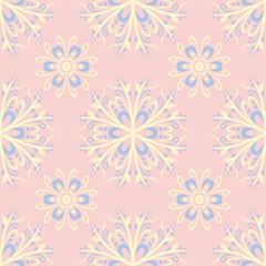 Pink floral seamless pattern with light blue and yellow flower elements