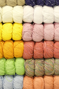 colorful wool balls for sale in the knitwear shop