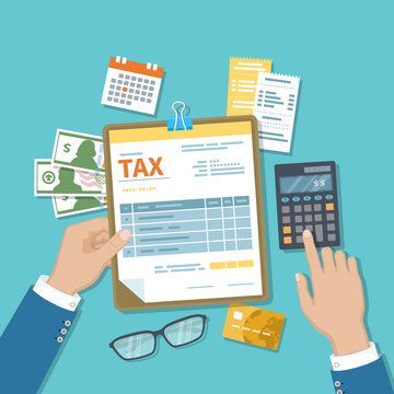 Man calculates tax. Payment of tax, accounts, bills concept. Calculator, calendar, tax form for the clipboard, checks, money, invoices, credit card, glasses. Payday icon. Vector illustration
