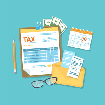 Payment of tax, accounts, bills concept. Financial calendar, tax form for the clipboard, envelope with checks, money, cash, invoices, glasses, pencil. Payday icon. Vector illustration