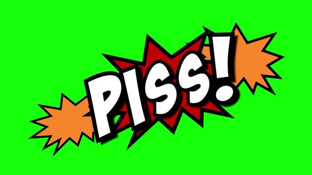 A comic strip speech cartoon animation with an explosion shape. Words: shit, piss, turd. White text, red and yellow spikes, green background.

