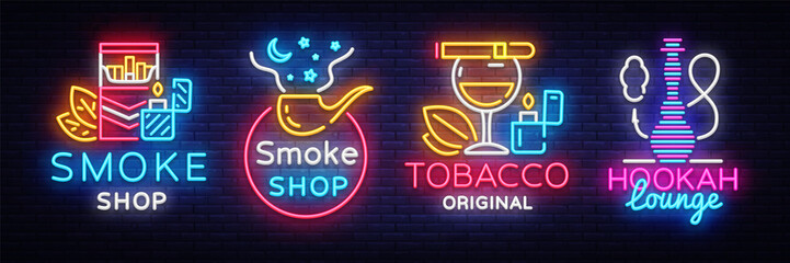 Cigarette Shop Logo collection Neon Vector. Smoke shop neon signs, Hookah lounge, vector design template vector illustration on tobacco theme, bright night cigarette advertisement. Vector
