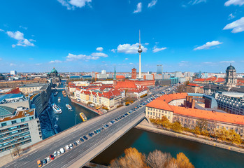 Aerial view of central Berlin on a bright day in Autumn, including river Spree and television tower