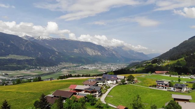 Small Mountain Village with Panorama View - Aerial Flight